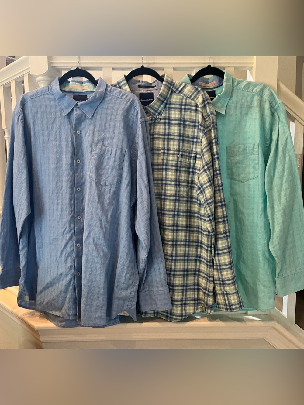 Tommy Bahama Light Blue, Plaid Blue-Green, and Aqua Linen Button-Down Shirts